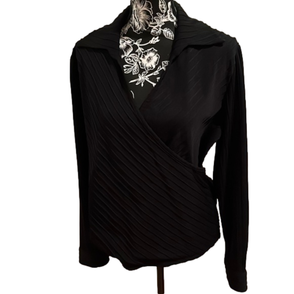 Josephine Chaus size 16 black faux wrap top side zip stretch NWOT